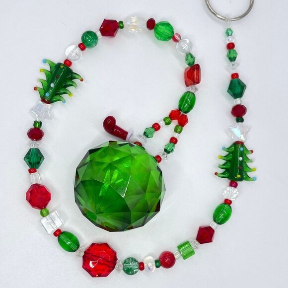 Beaded Christmas Tree Suncatcher Red Green Crystal Prism Hanging Decor - Picture 2 of 10